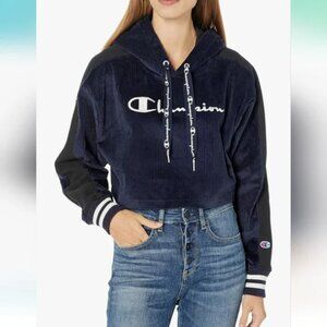 Champion Women's Corduroy Cropped Hoodie Reverse Weave Navy Blue Logos Size S !